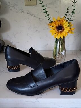 Kurt Geiger Black Leather Chain-Accent Loafers